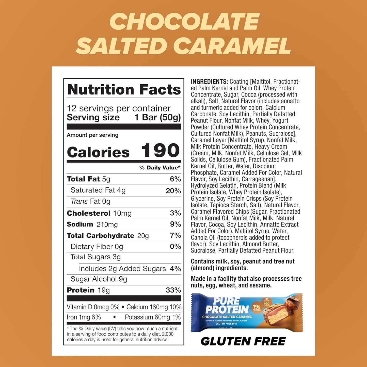Pure Protein Chocolate Salted Caramel Protein Bars – 20G Protein, 3G Sugar, 190 Calories (12 Count)