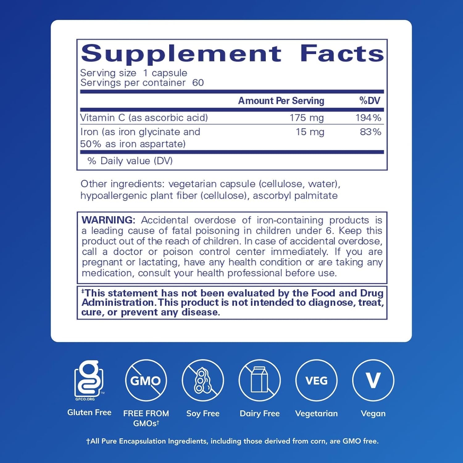 Pure Encapsulations Iron-C - 15 mg - 175 mg Vitamin C