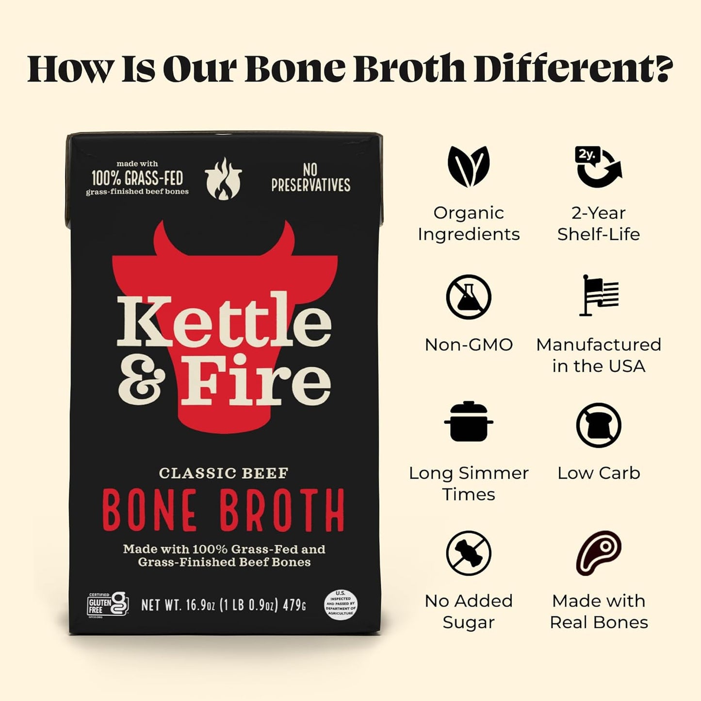 Kettle and Fire Classic Beef Bone Broth, Keto, Paleo, and Whole 30 Approved (6 Pack)