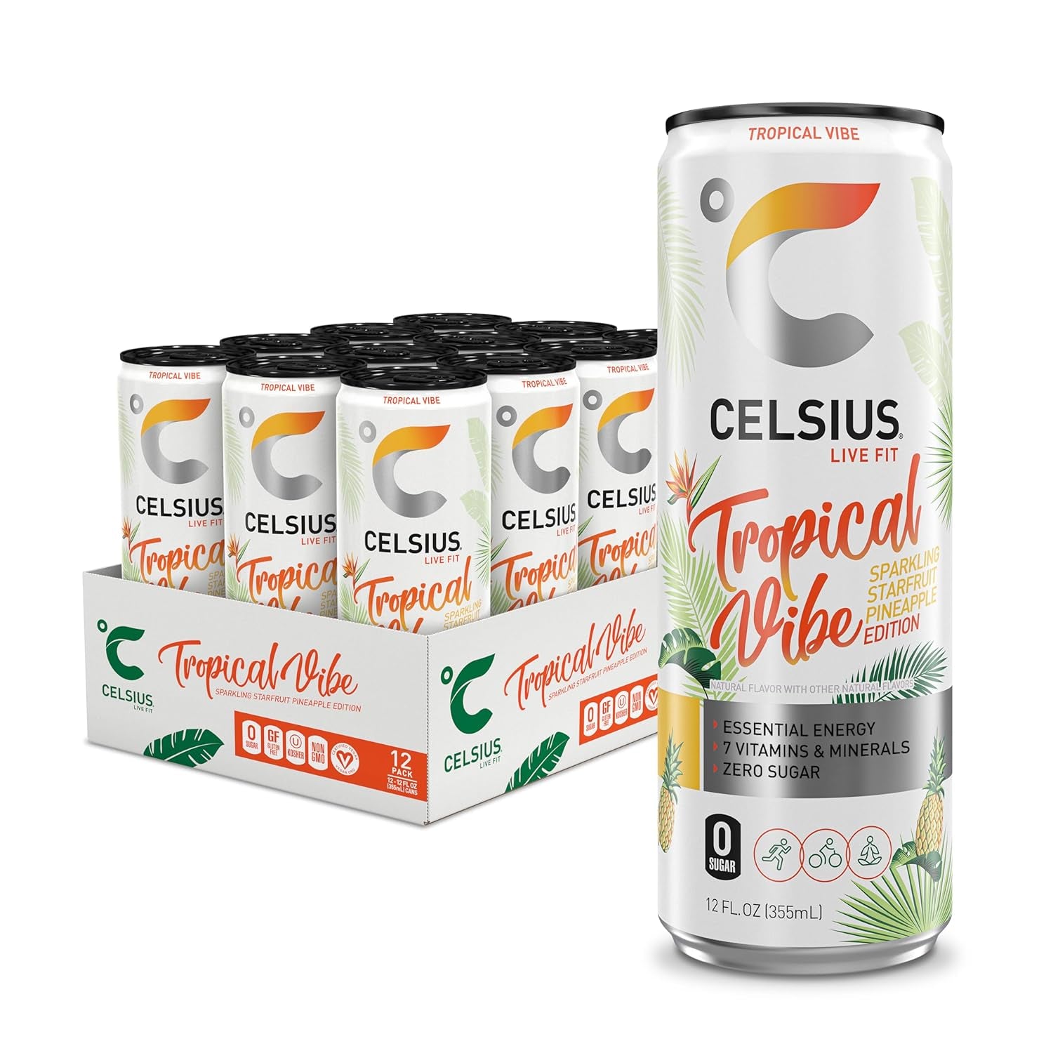 CELSIUS Sparkling Tropical Vibe Energy Drink 12 Fl oz (Pack of 12)