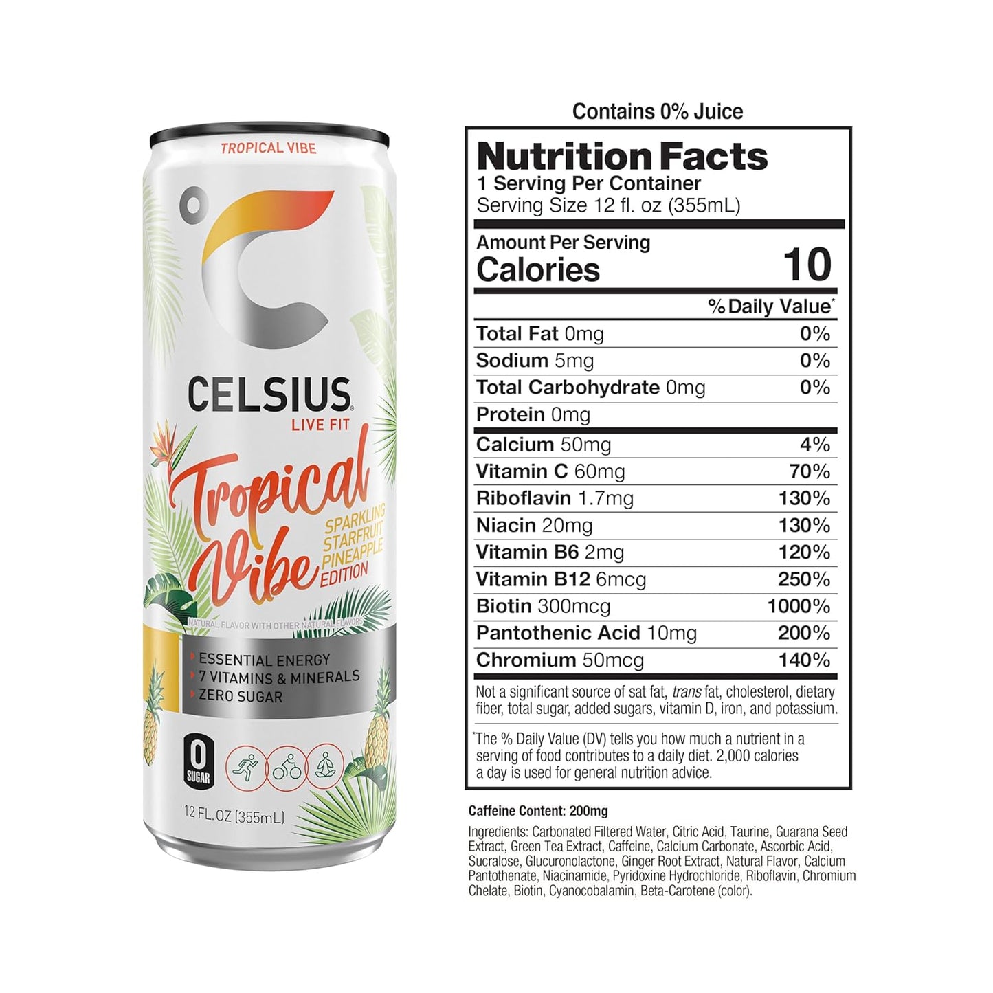 CELSIUS Sparkling Tropical Vibe Energy Drink 12 Fl oz (Pack of 12)