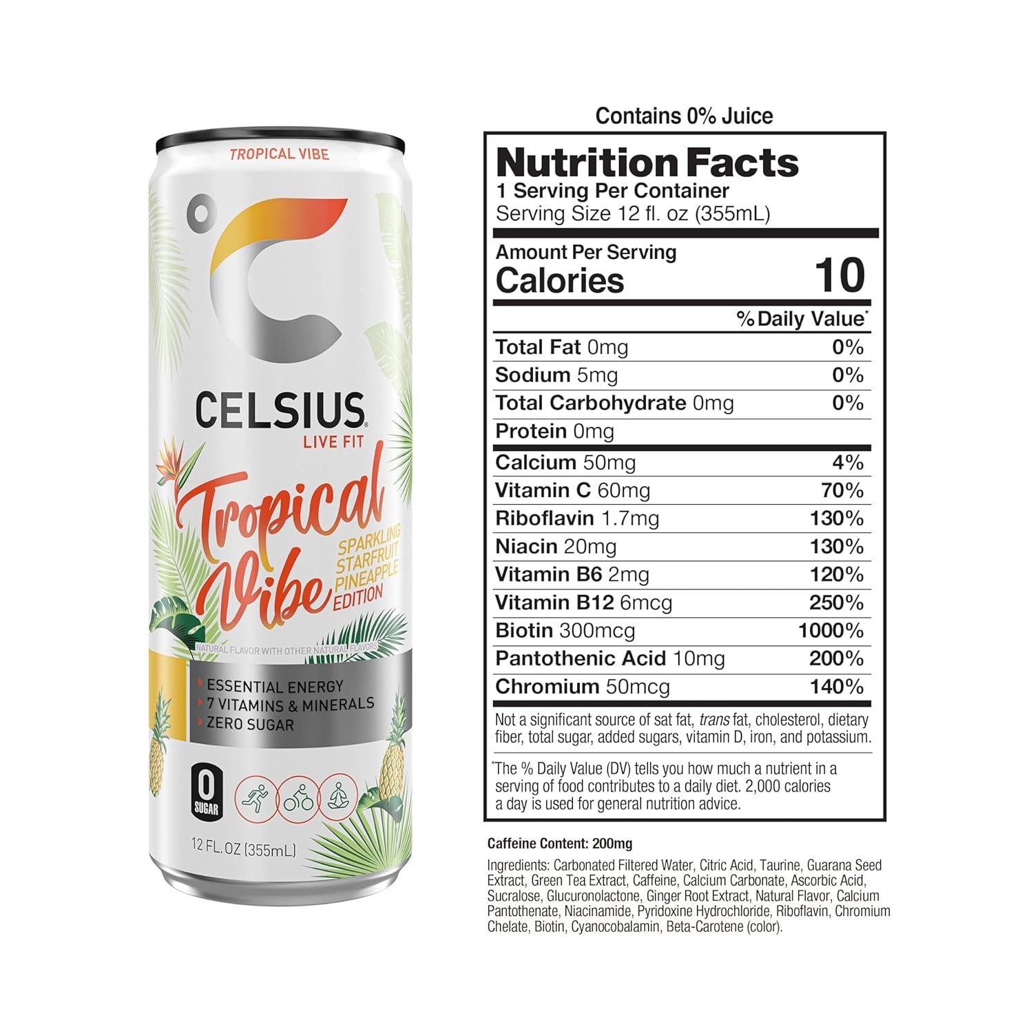 CELSIUS Sparkling Tropical Vibe Energy Drink 12 Fl oz (Pack of 12)
