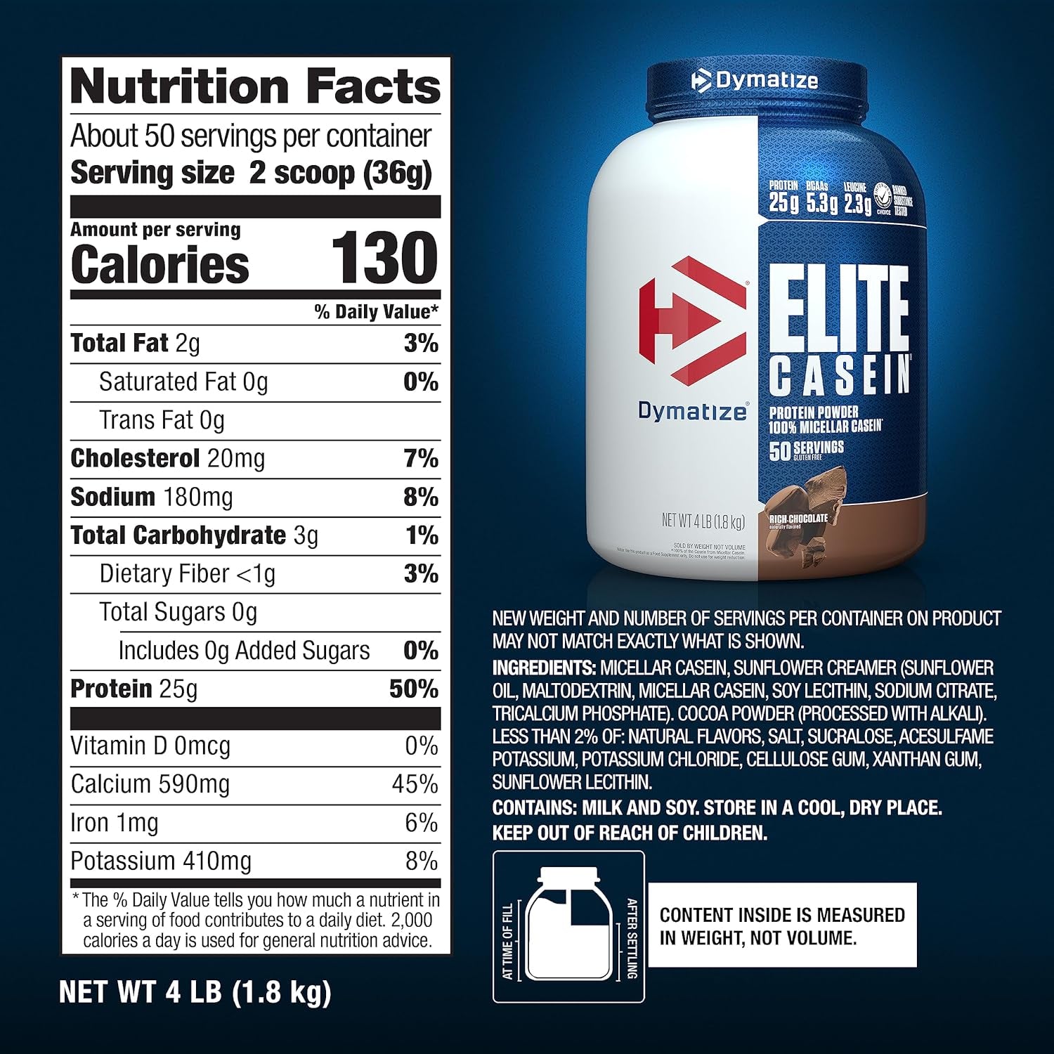 Elite Casein Protein Powder, Chocolate, 100% Micellar Casein, 25G Protein, 5.4G Bcaas, 2.3G Leucine, Slow Absorbing for Overnight Muscle Recovery, 4 Lb (50 Servings)