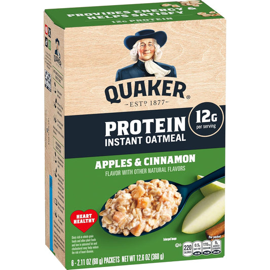 Quaker Protein Instant Oatmeal, Apple Cinnamon, 12G Protein per Serving (6 Pack)