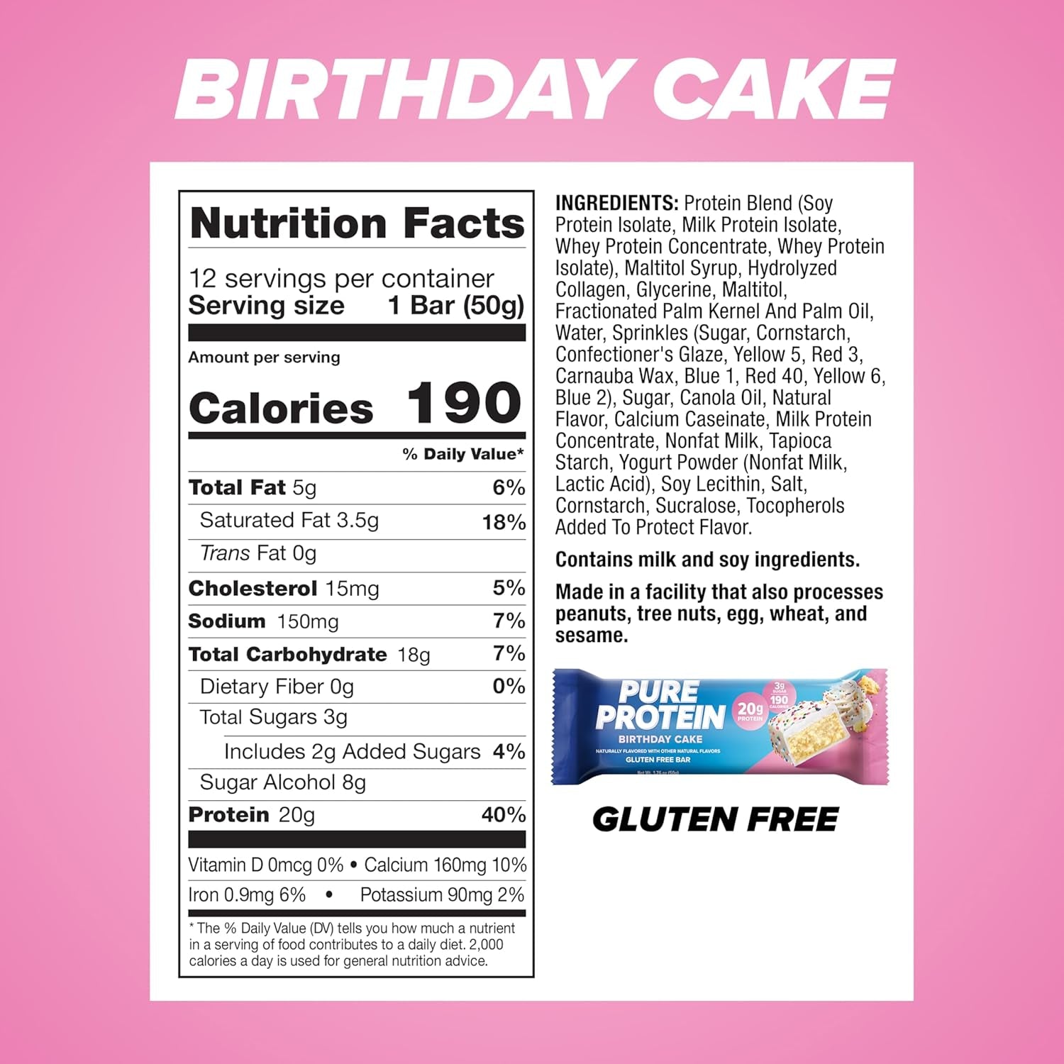 Pure Protein Birthday Cake Protein Bars – 20G Protein, 3G Sugar, 190 Calories (12 Count)