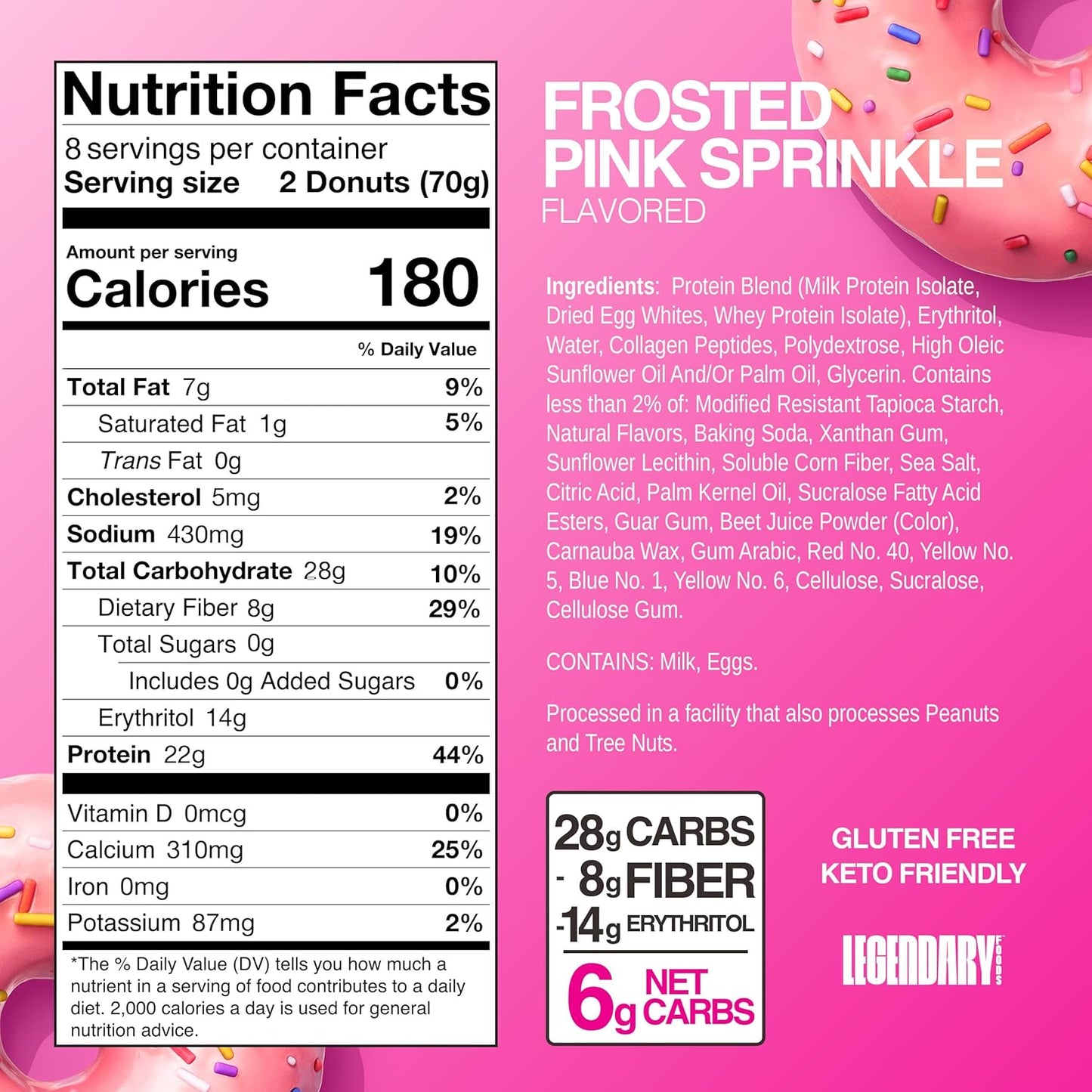 Protein Donuts - 22G Protein, Pink Sprinkle, Zero Sugar Snack - 8 Pack with Two Donuts per Pack