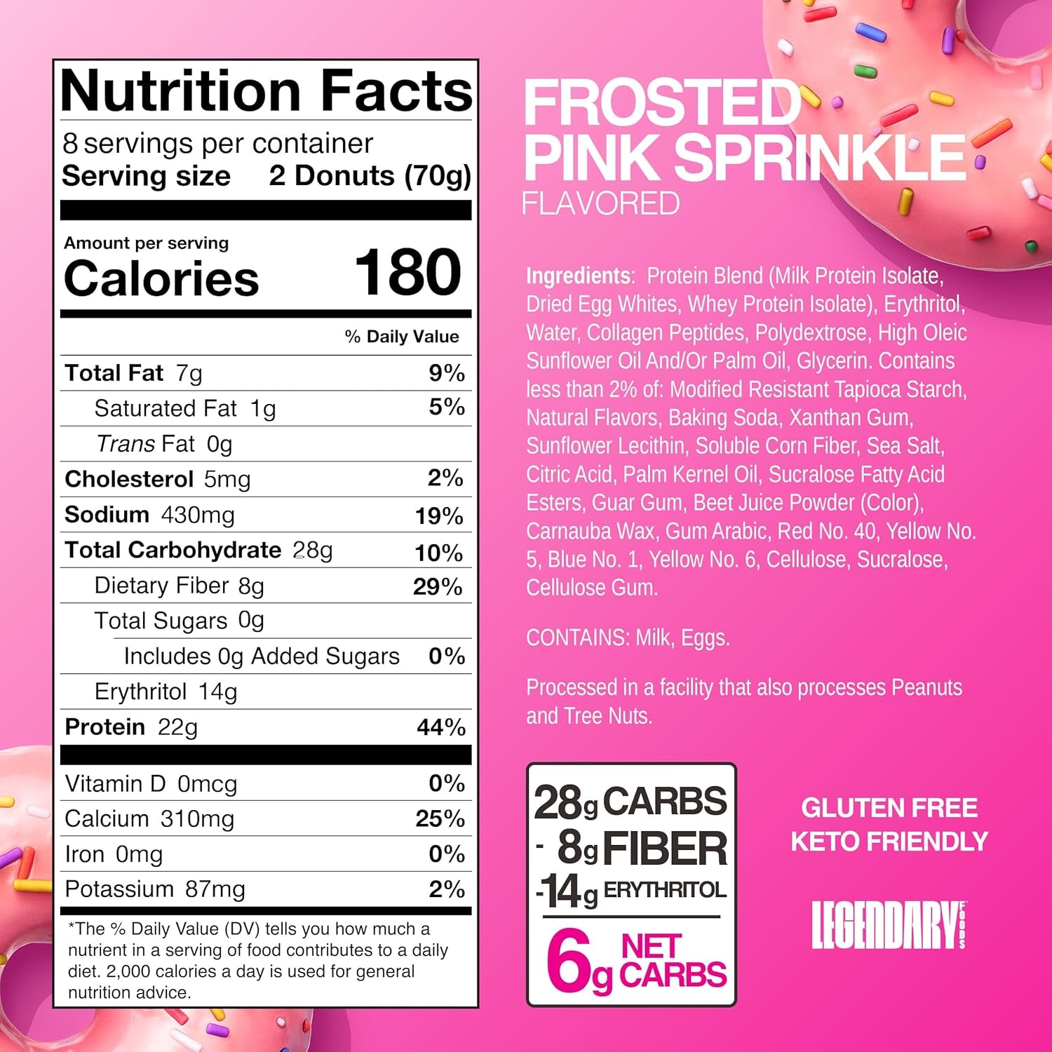 Protein Donuts - 22G Protein, Pink Sprinkle, Zero Sugar Snack - 8 Pack with Two Donuts per Pack