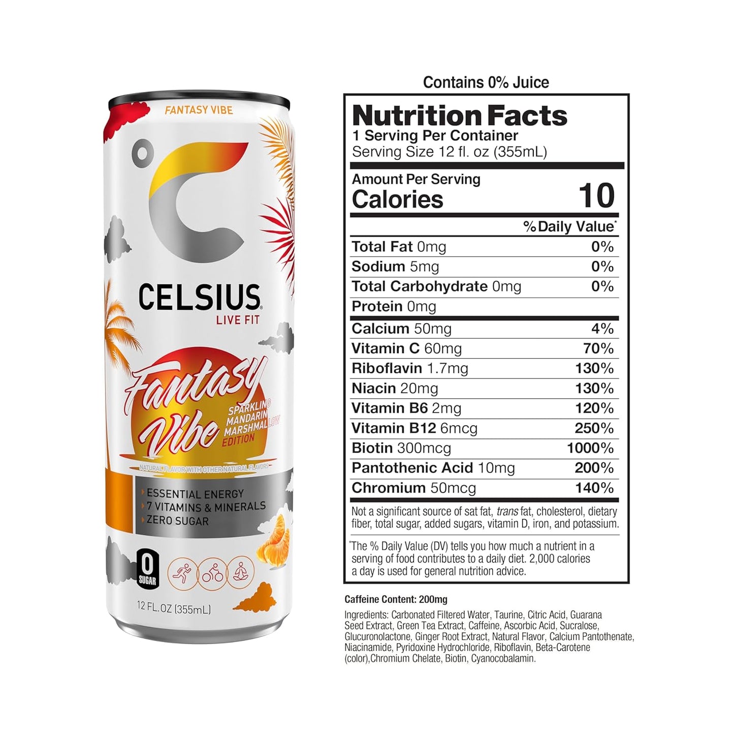 CELSIUS FANTASY VIBE Sparkling Mandarin Marshmallow, Sugar Free Energy Drink, 12 Fl Oz (Pack of 12)