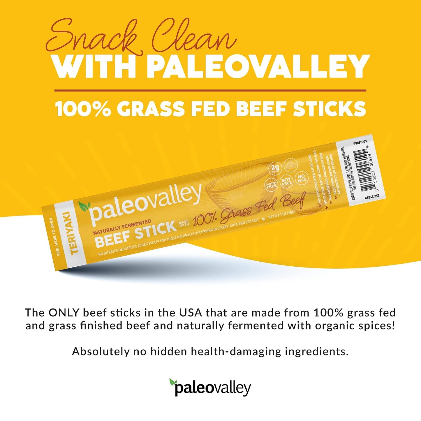 Paleovalley 100% Grass Fed Teriyaki Beef Sticks - Delicious Gluten Free Beef Snack