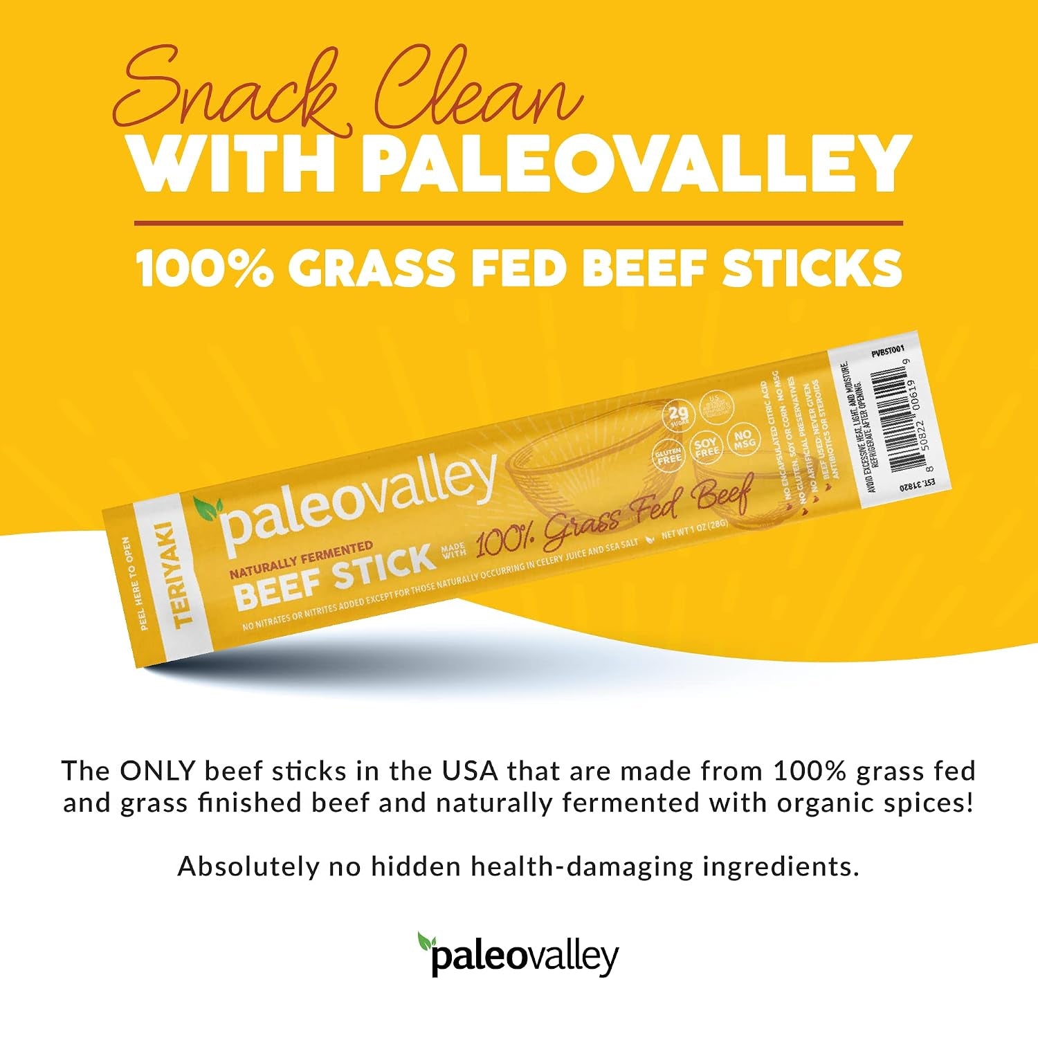Paleovalley 100% Grass Fed Teriyaki Beef Sticks - Delicious Gluten Free Beef Snack