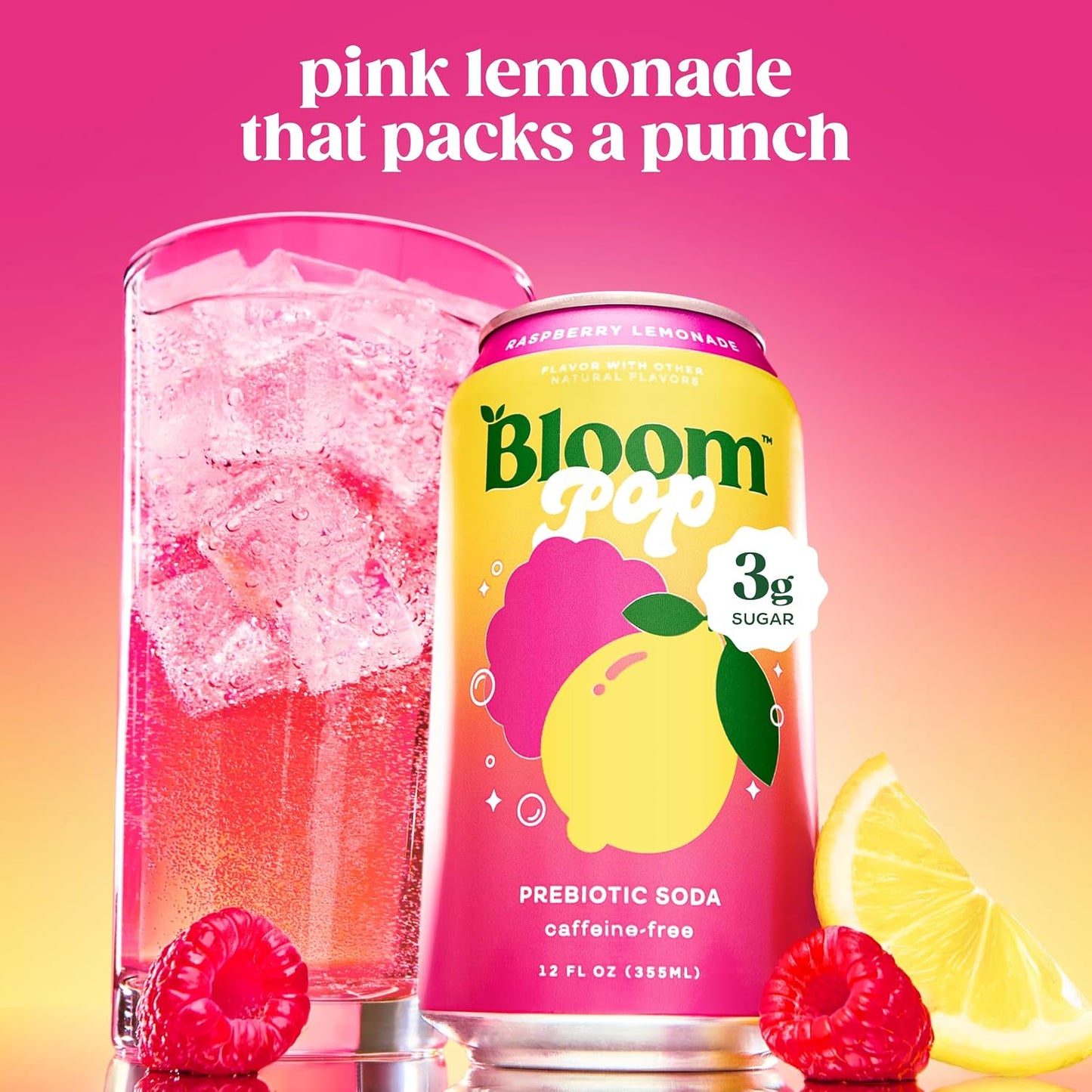 Bloom Pop Prebiotic Soda 12 Pack, Raspberry Lemonade Flavor, 12oz Cans
