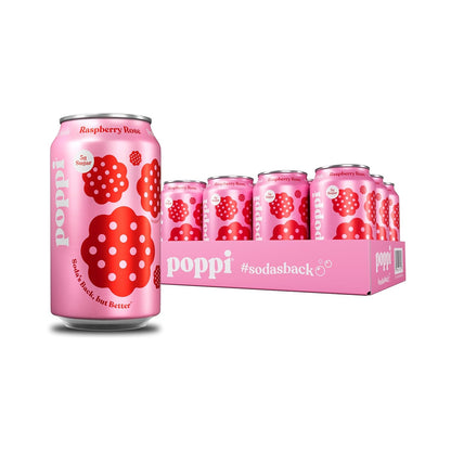 Poppi Sparkling Prebiotic Soda Beverage, Raspberry Rose, 12 oz, 12 Pack