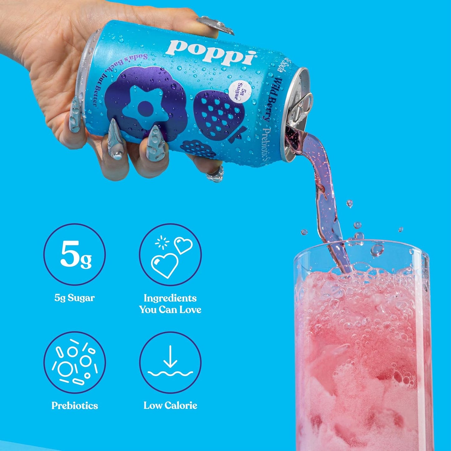 Poppi Sparkling Prebiotic Soda Beverage, Wild Berry Flavor, 12 oz, Pack of 12