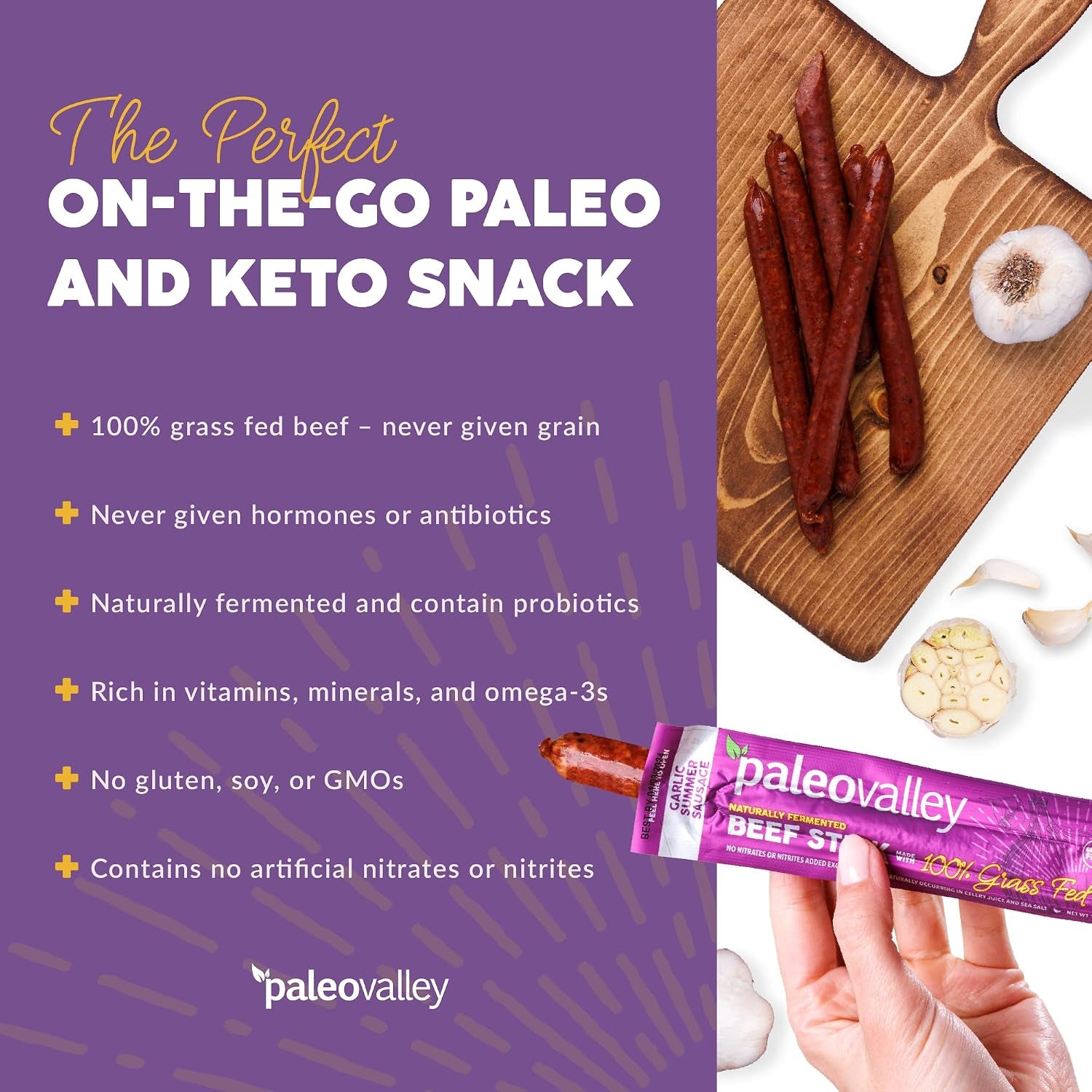 Paleovalley 100% Grass Fed Garlic Summer Sausage Beef Sticks - Delicious Gluten Free Beef Snack