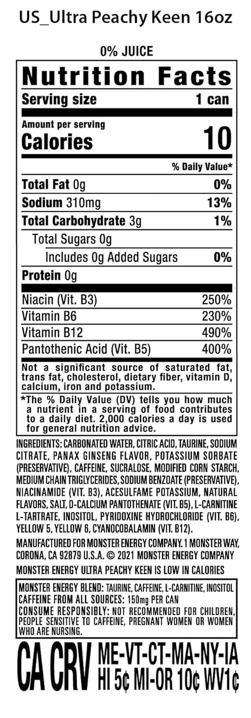 Monster Energy Ultra Peachy Keen, Sugar Free Energy Drink, 16 Oz (Pack of 15) | Pack of 15
