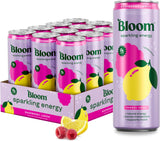 Bloom Nutrition Sparkling Energy Drink for Focus - Natural Caffeine, Zero Sugar, 180Mg Caffeine - Raspberry Lemon - 12oz 12 Pack