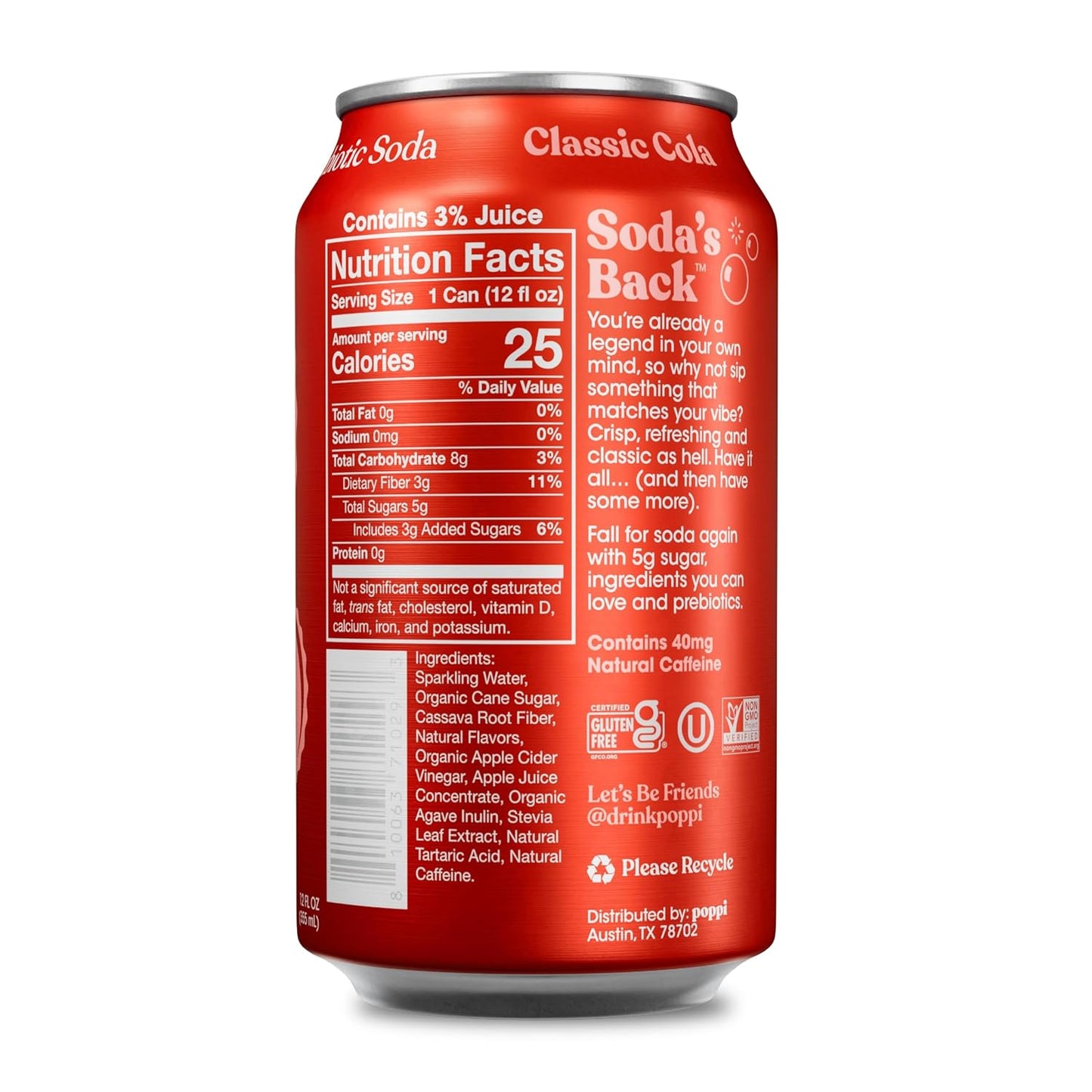 Poppi Sparkling Prebiotic Soda Beverage, Classic Cola, 12 oz, 12 Pack