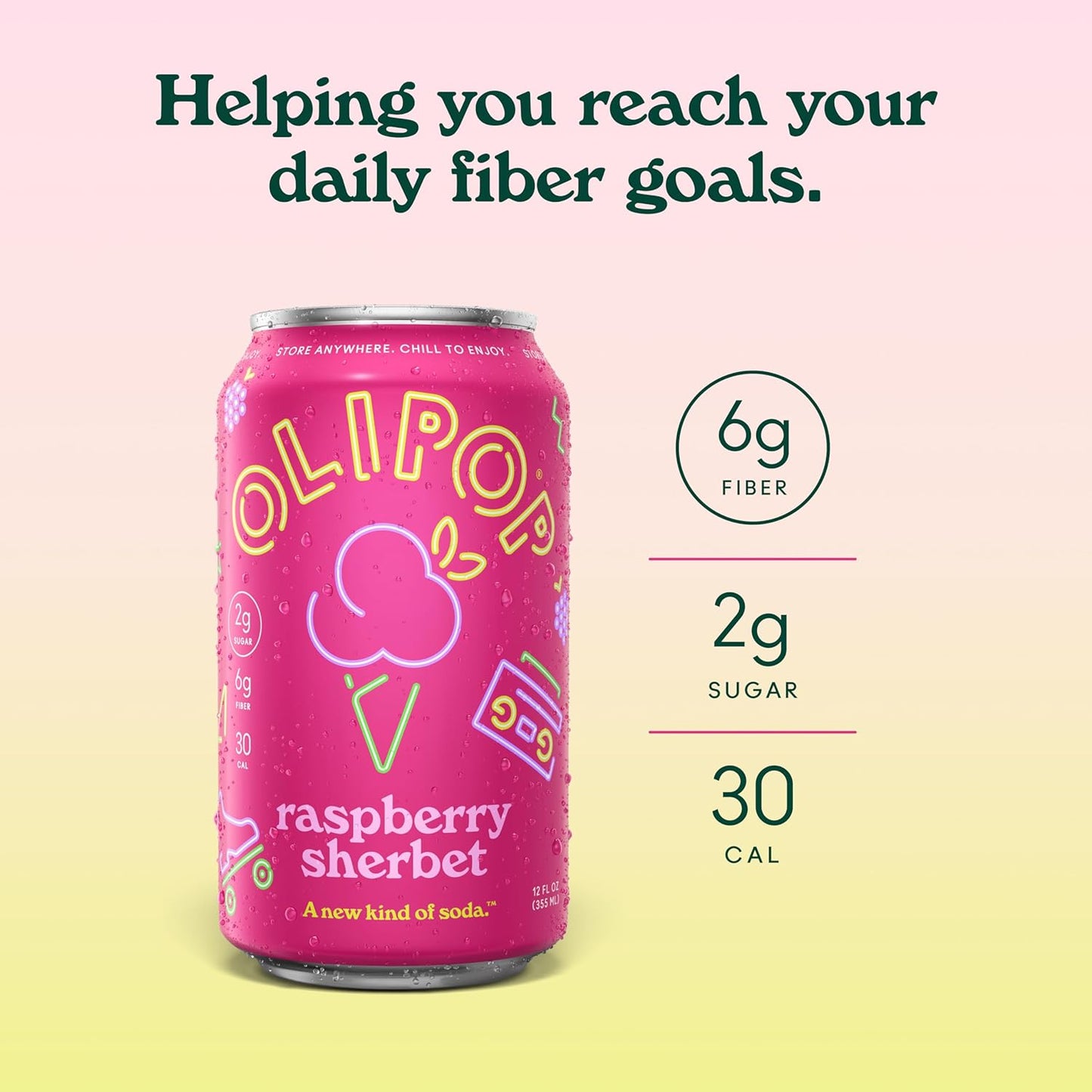 OLIPOP Prebiotic Soda Pop, Raspberry Sherbet (12-Cans)