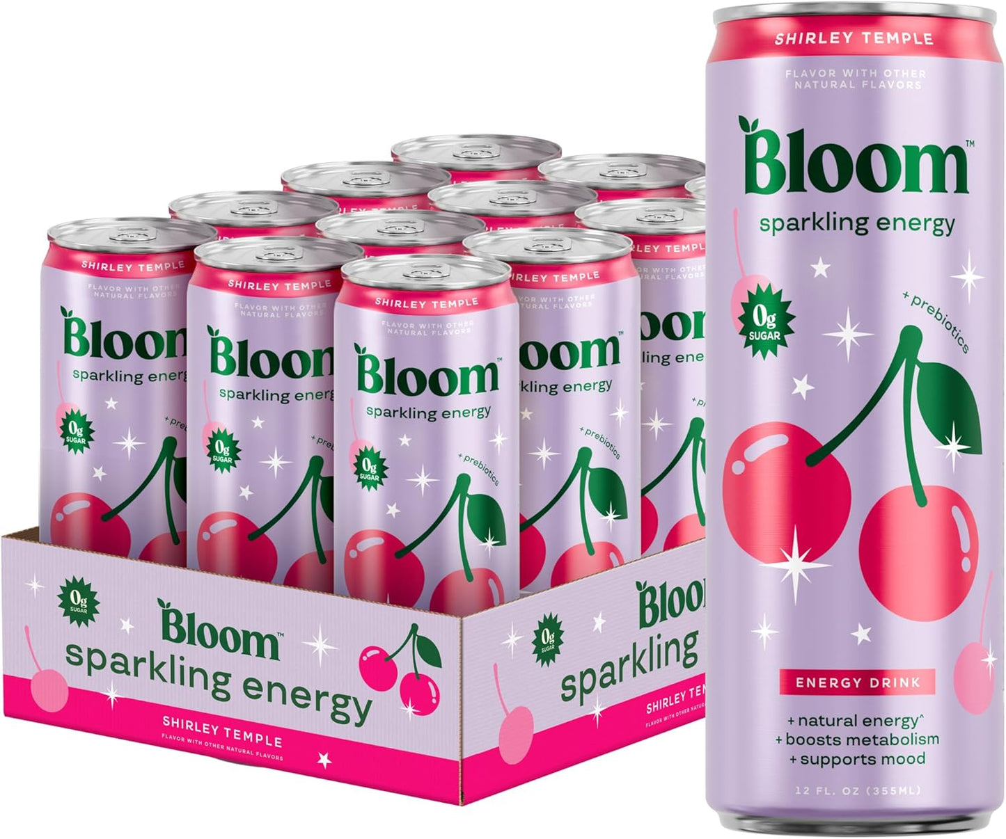 Bloom Nutrition Sparkling Energy Drink - Natural Caffeine, Zero Sugar, 180Mg Caffeine - Shirley Temple- 12oz 12 Pack