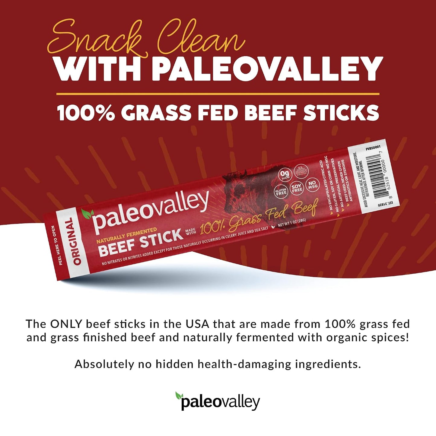 Paleovalley 100% Grass Fed Original Beef Sticks - Delicious Gluten Free Beef Snack