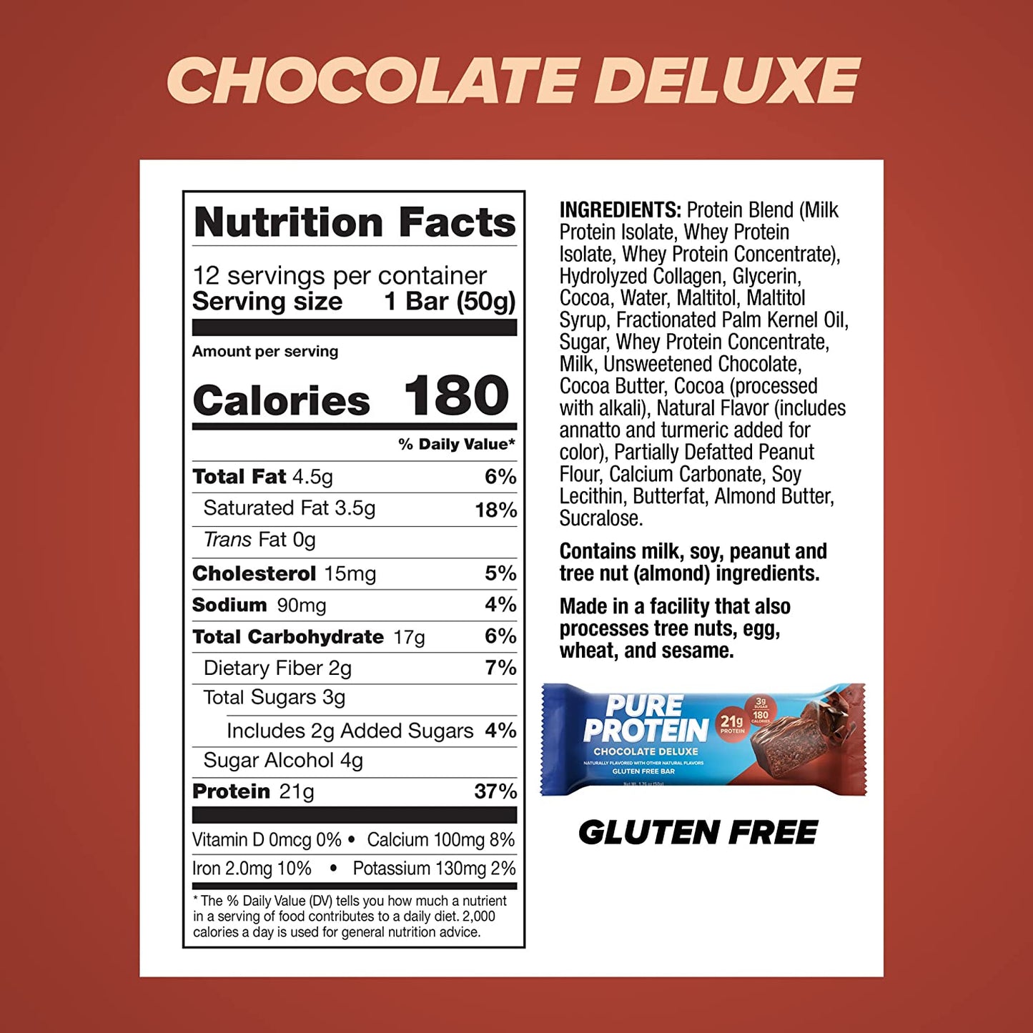 Pure Protein Chocolate Deluxe Protein Bars – 21G Protein, 3G Sugar, 190 Calories (12 Count)
