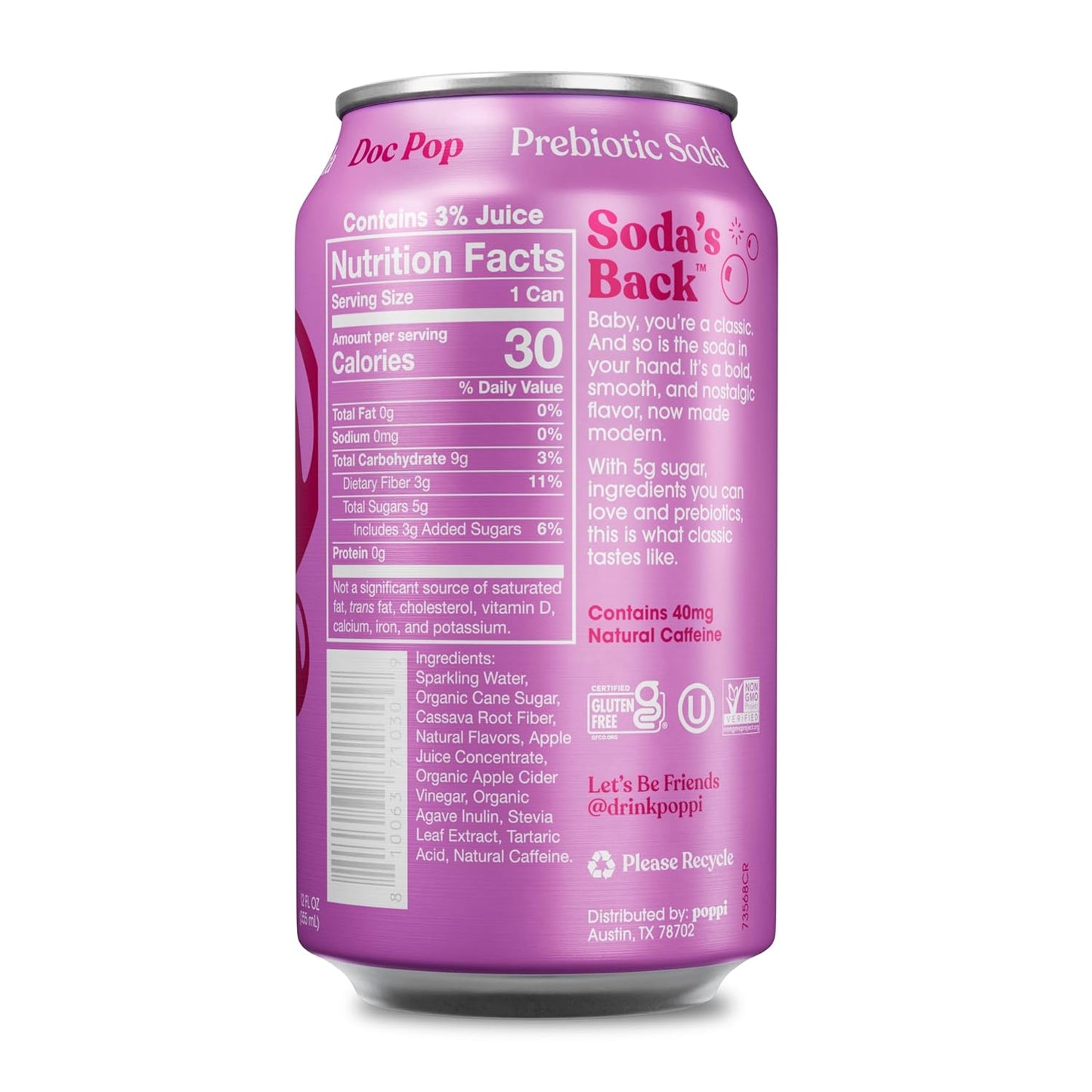 Poppi Sparkling Prebiotic Soda Beverage, Doc Pop Flavor, 12 Fl oz, Pack of 12