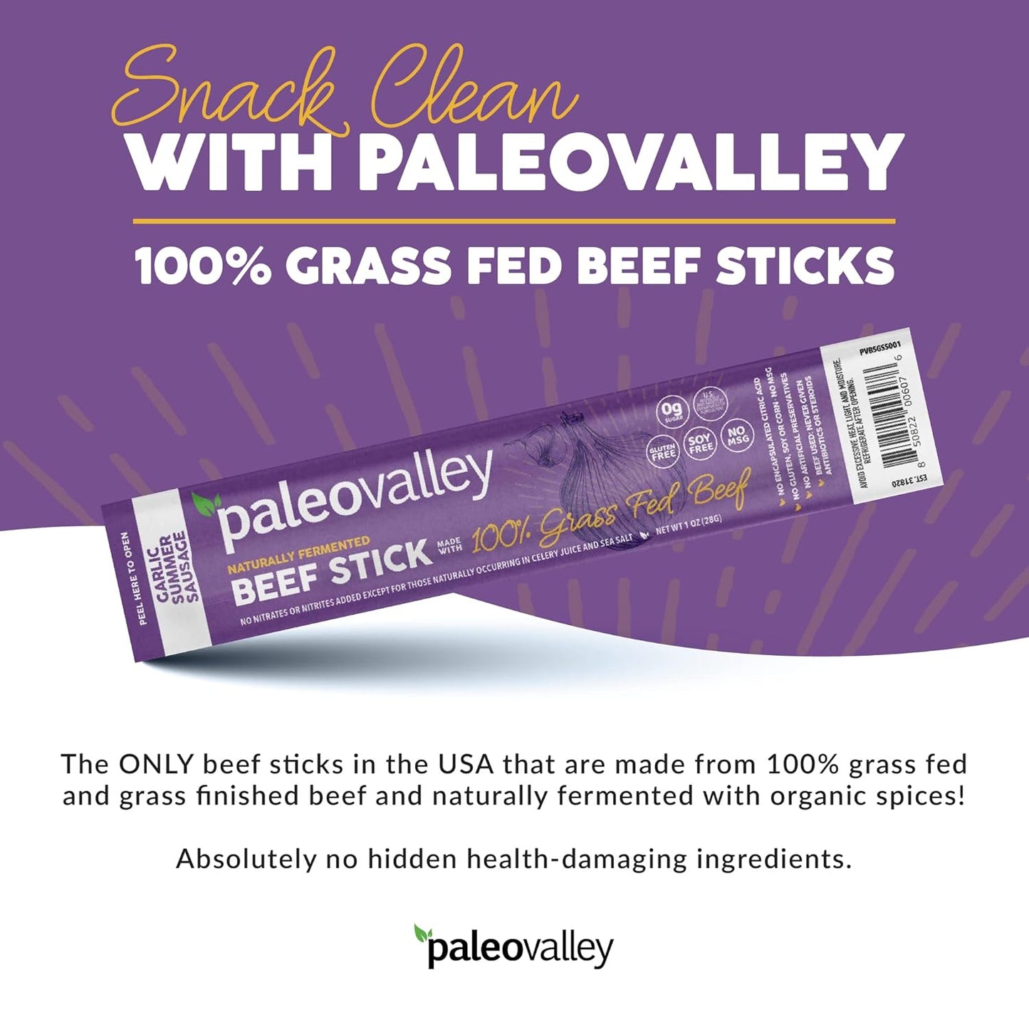Paleovalley 100% Grass Fed Garlic Summer Sausage Beef Sticks - Delicious Gluten Free Beef Snack