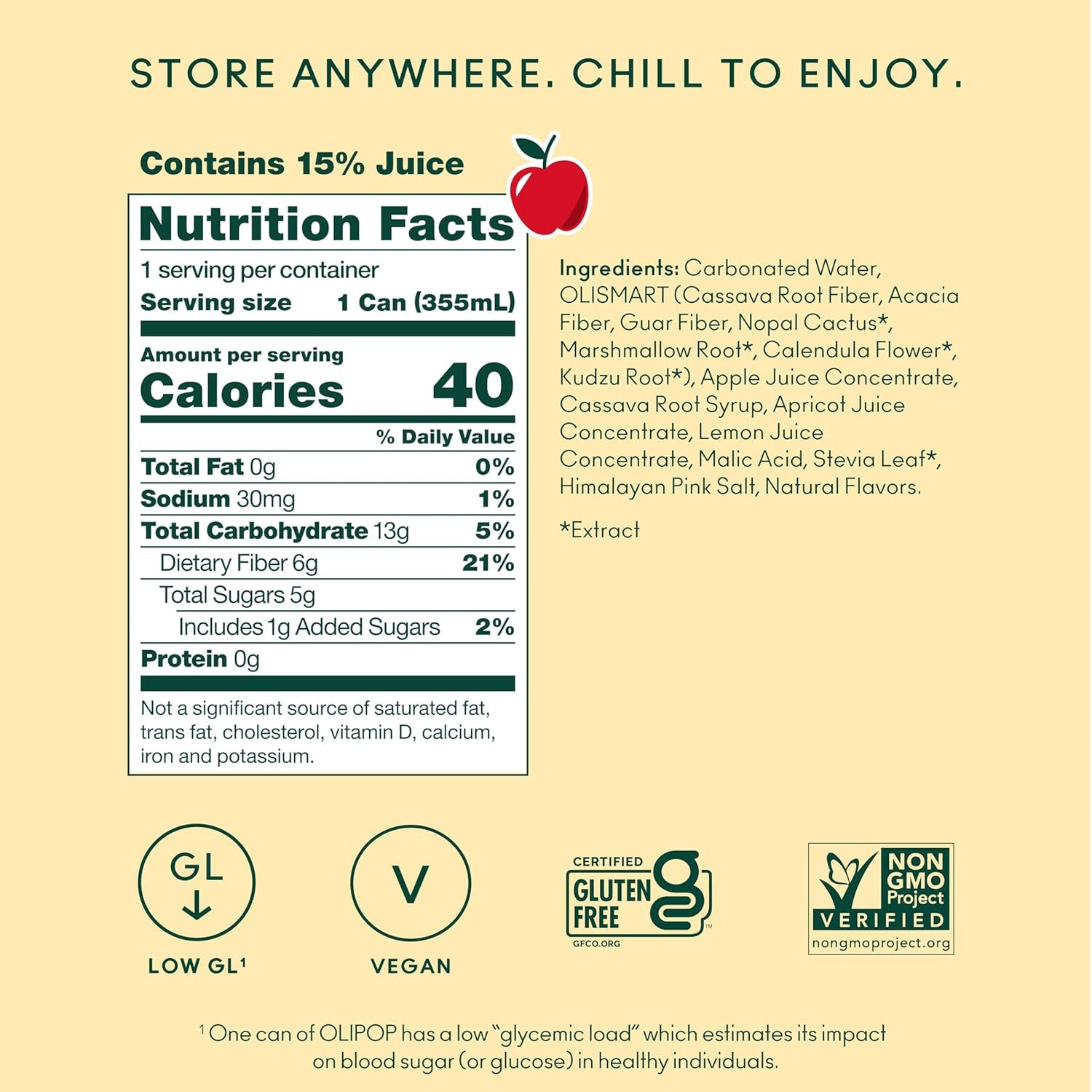 OLIPOP Prebiotic Soda Pop, Crisp Apple (12-Cans)