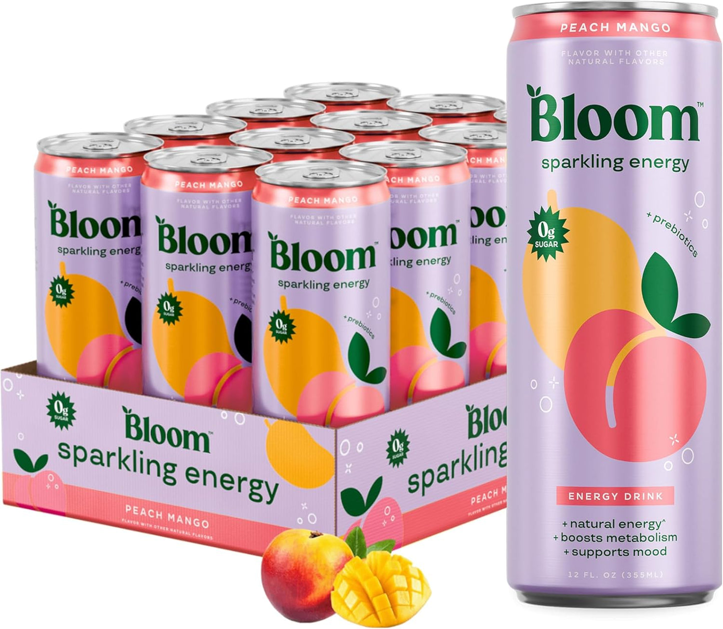 Bloom Nutrition Sparkling Energy Drink - Natural Caffeine, Zero Sugar, 180Mg Caffeine - Peach Mango - 12oz 12 Pk