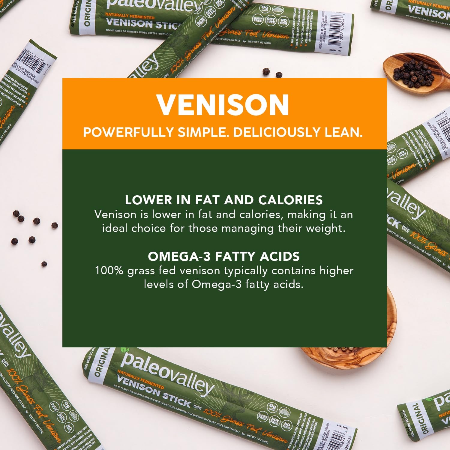 Paleovalley 100% Grass Fed Venison Sticks – Keto-Friendly, High Protein, Low-Calorie Snack