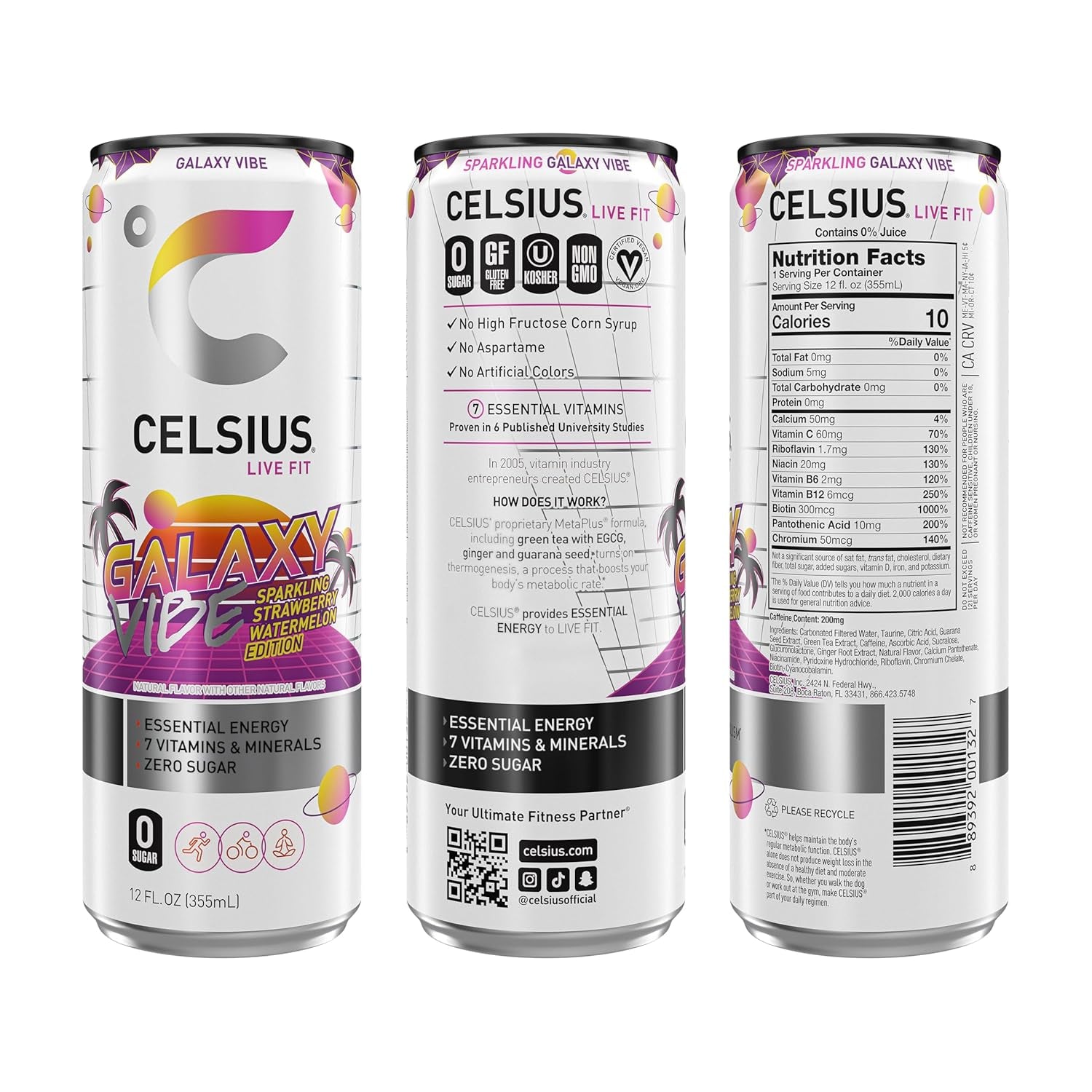 CELSIUS GALAXY VIBE Sparkling Strawberry Watermelon, Sugar Free Energy Drink, 12 Fl Oz (Pack of 12)