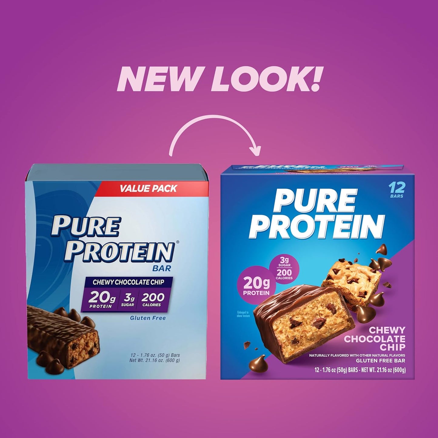 Pure Protein Chewy Chocolate Chip Protein Bars – 20G Protein, 3G Sugar, 190 Calories (12 Count)