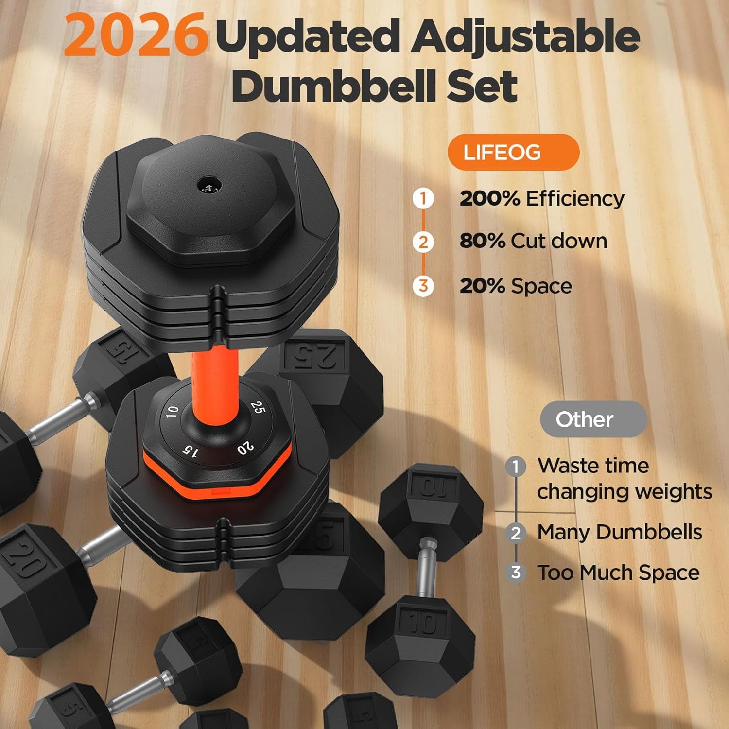 LifeOG Updated Adjustable Dumbbell Set of 2 - 25lbs/50lbs
