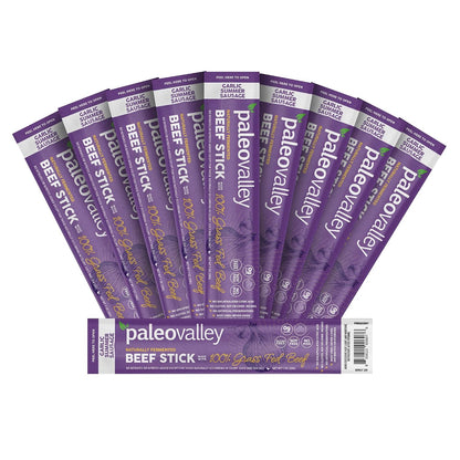 Paleovalley 100% Grass Fed Garlic Summer Sausage Beef Sticks - Delicious Gluten Free Beef Snack