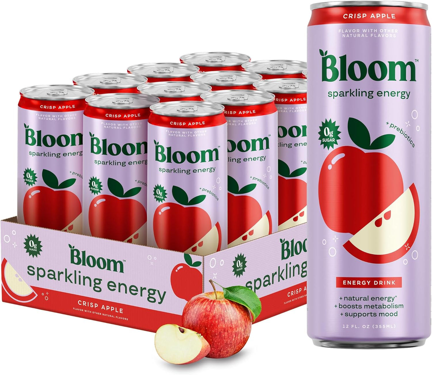 Bloom Nutrition Sparkling Energy Drink - Natural Caffeine, Zero Sugar, 180Mg Caffeine - Crisp Apple - 12oz 12 Pack