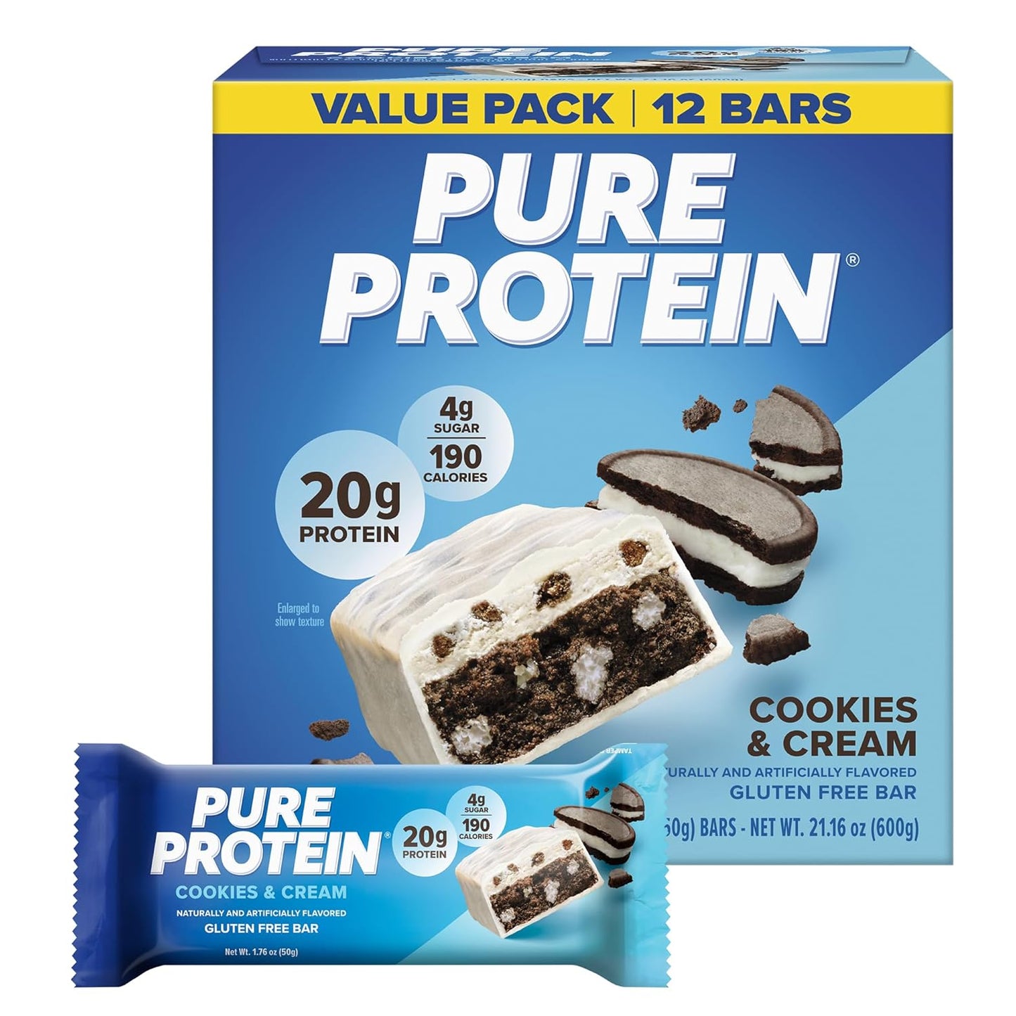 Pure Protein Cookies and Cream Protein Bars – 20G Protein, 3G Sugar, 190 Calories (12 Count)