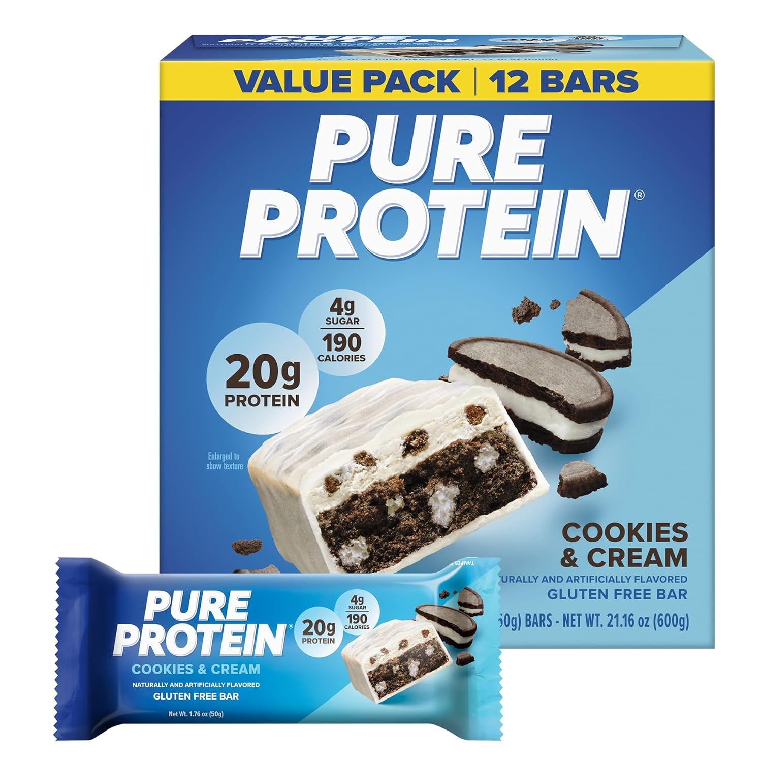 Pure Protein Cookies and Cream Protein Bars – 20G Protein, 3G Sugar, 190 Calories (12 Count)
