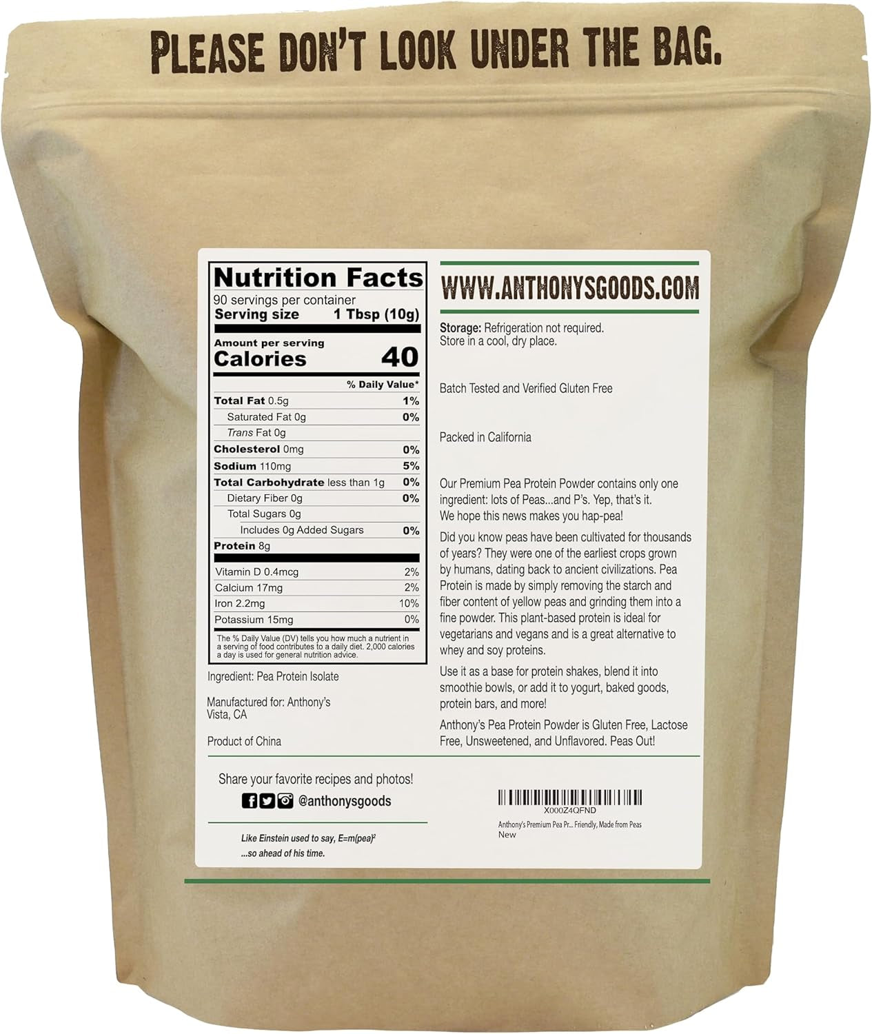 Anthony's Premium Pea Protein, 2 Lb Unflavored
