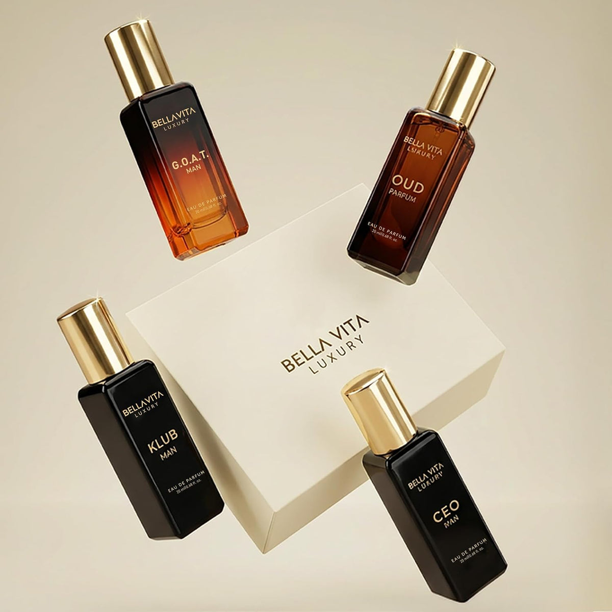 Bellavita Luxury Men's Perfume Gift Set with CEO Man, G.O.A.T., KLUB & OUD | 4 X 20Ml (80Ml) | Citrus, Woody, Patchouli & Caramel Notes