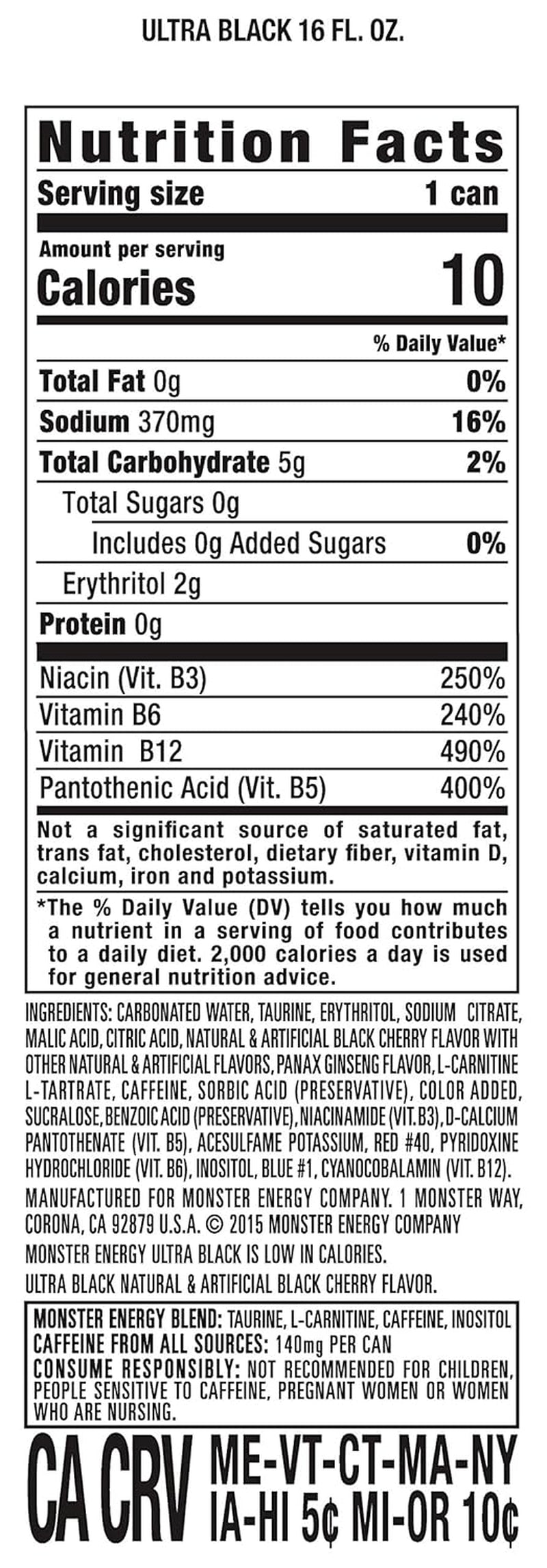 Monster Energy Ultra Black, Sugar Free Energy Drink, 16 Ounce | Pack of 15