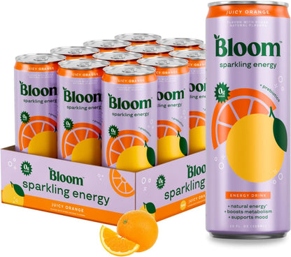 Bloom Nutrition Sparkling Energy Drink - Natural Caffeine, Zero Sugar, 180Mg Caffeine - Orange - 12oz 12 Pack