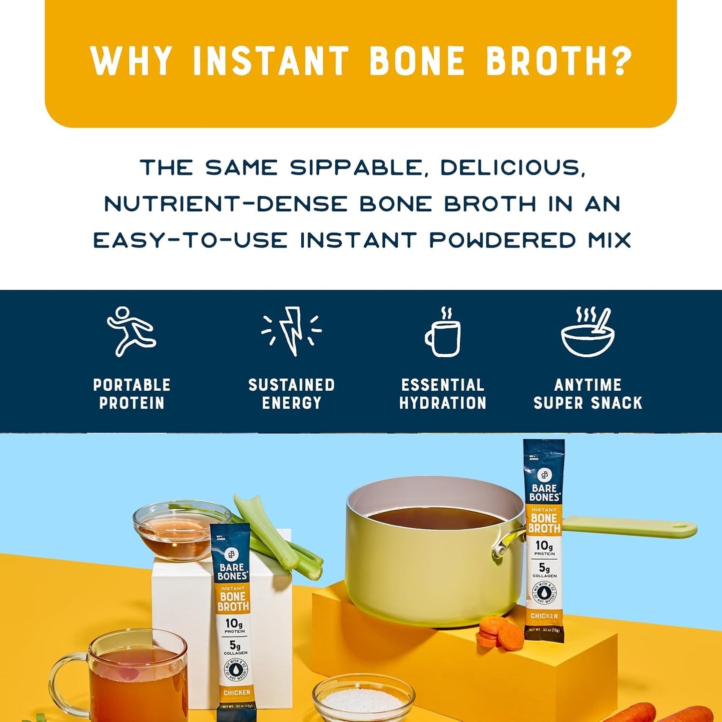 Classic Chicken Bone Broth Instant Powdered Mix Packets | 5G Collagen | 10G Protein | Keto & Paleo Friendly