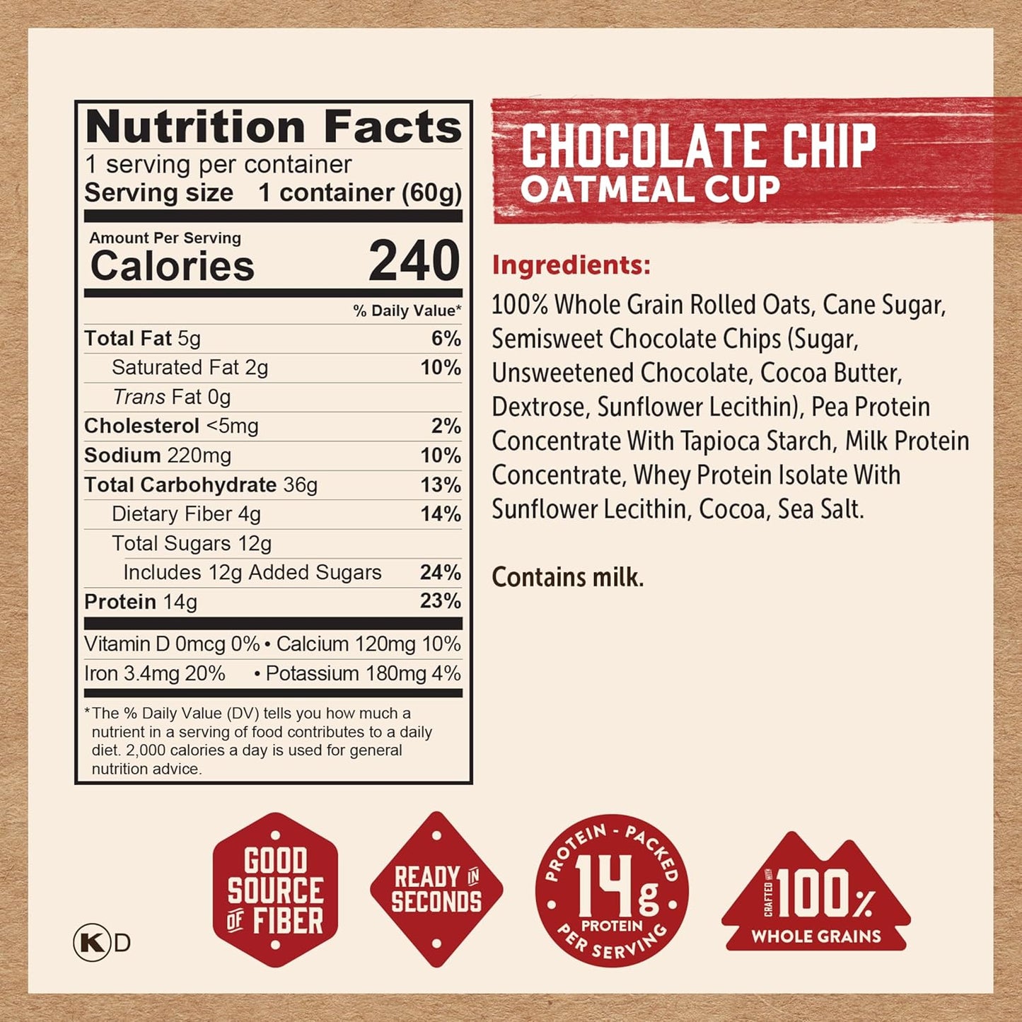 Kodiak Cakes Instant Protein Chocolate Chip Oatmeal in a Cup (Pack of 12)
