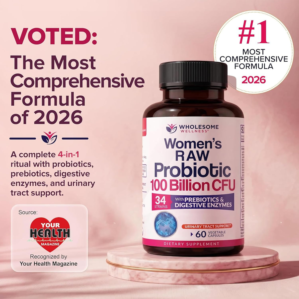 Wholesome Wellness Dr. Formulated Raw Probiotics for Women 100 Billion Cfus Capsules with Prebiotics, Probiotcs and Digestive Enzymes, Approved for Adults