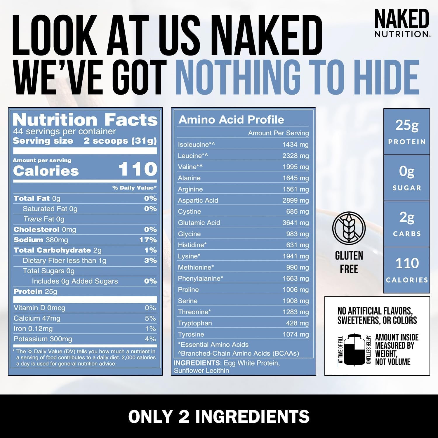 Naked 3LB Non-GMO Egg White Protein Supplement Powder – 25G Protein, 44 Servings, 3 Pounds