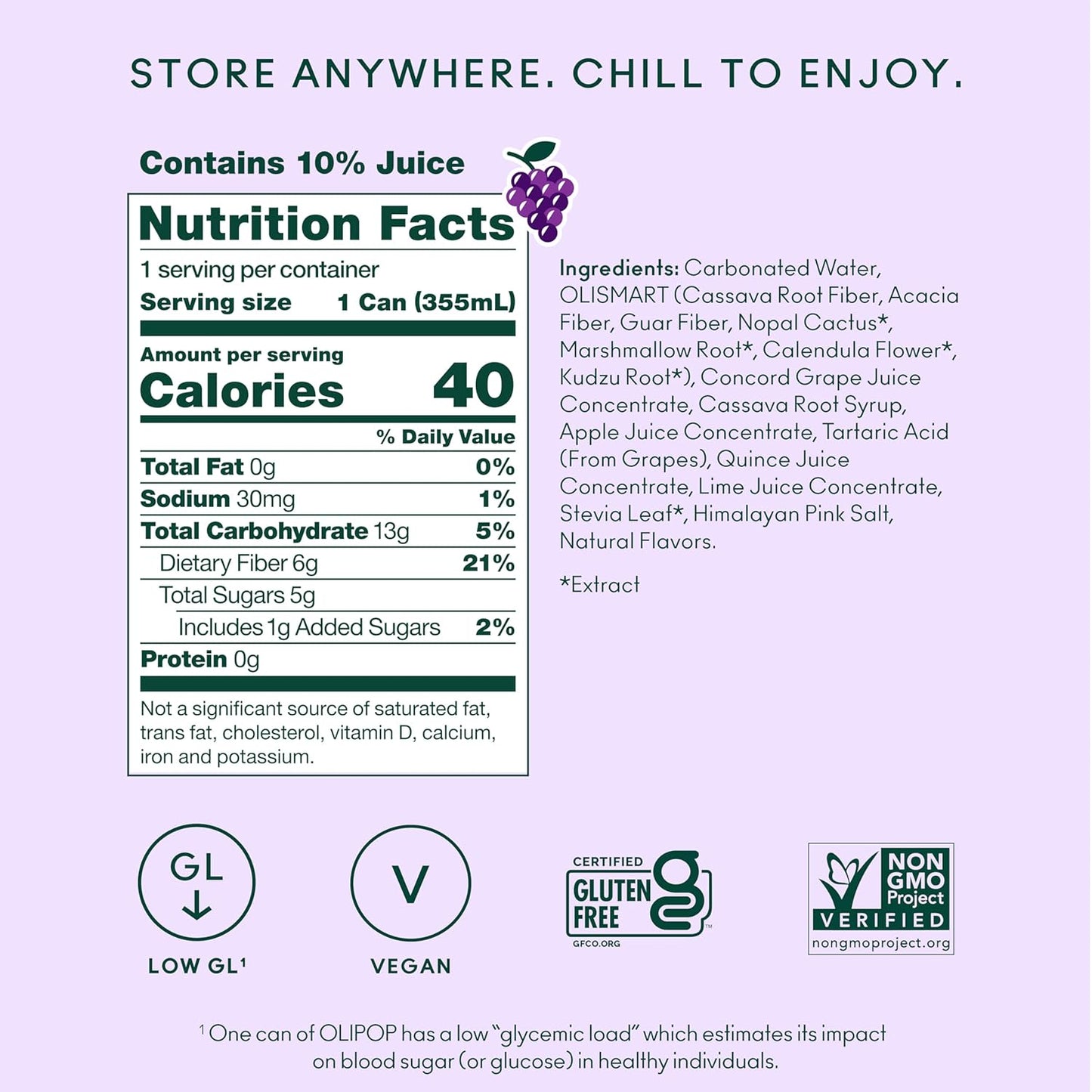 OLIPOP Prebiotic Soda Pop, Classic Grape (12-Cans)