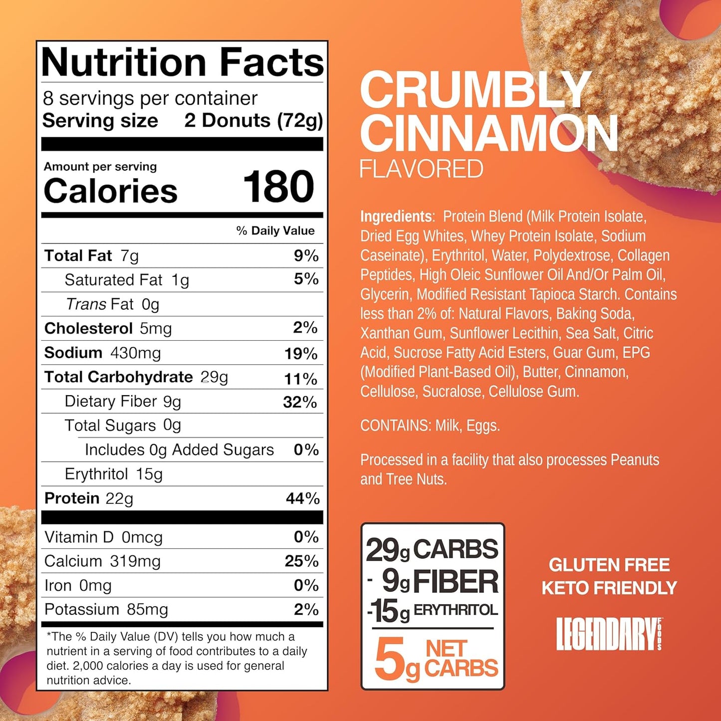 Protein Donuts - 22G Protein, Crumbly Cinnamon, Zero Sugar Snack - 8 Pack with Two Donuts per Pack