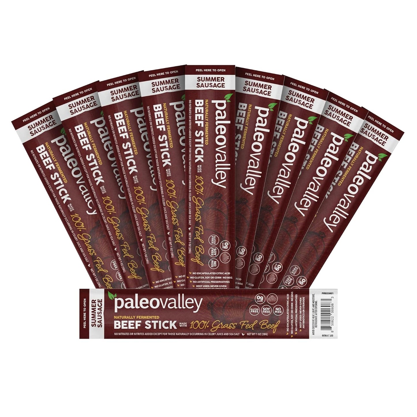 Paleovalley 100% Grass Fed Summer Sausage Beef Sticks - Delicious Gluten Free Beef Snack