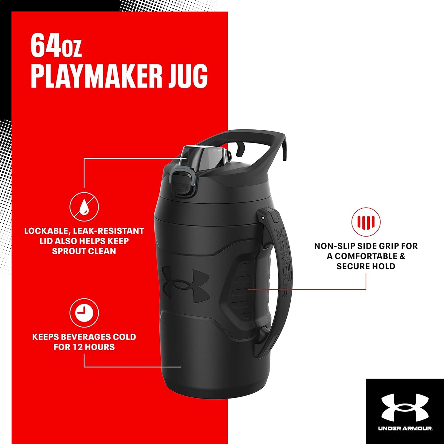 Half Gallon Water Bottle Insulated, 64Oz Insulated Water Bottle with Handle, Fence Hook, Leak Resistant, for Baseball, Football & More - Black/Black