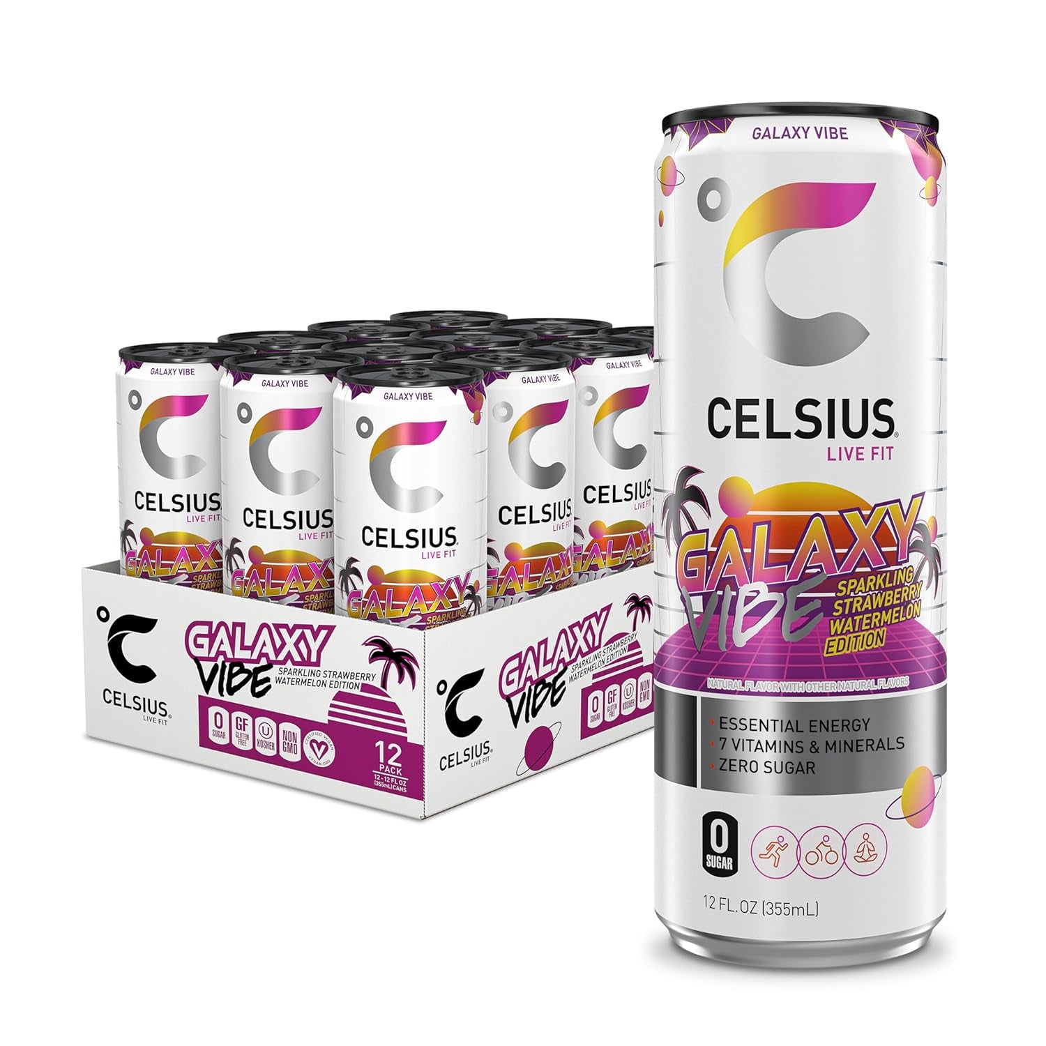 CELSIUS GALAXY VIBE Sparkling Strawberry Watermelon, Sugar Free Energy Drink, 12 Fl Oz (Pack of 12)